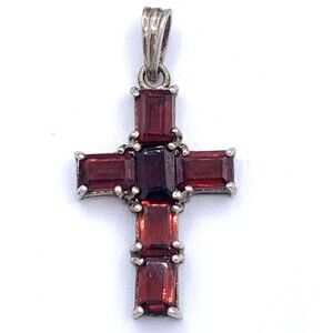 925 Sterling Silver Red Garnet Small Cross Pendant Vintage Religious Jewelry